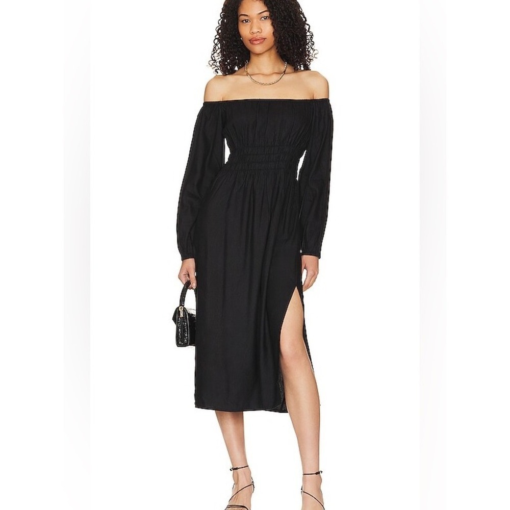 Onia Air Off Shoulder Linen‎ Blend Midi Dress Women's S Black Resortwear